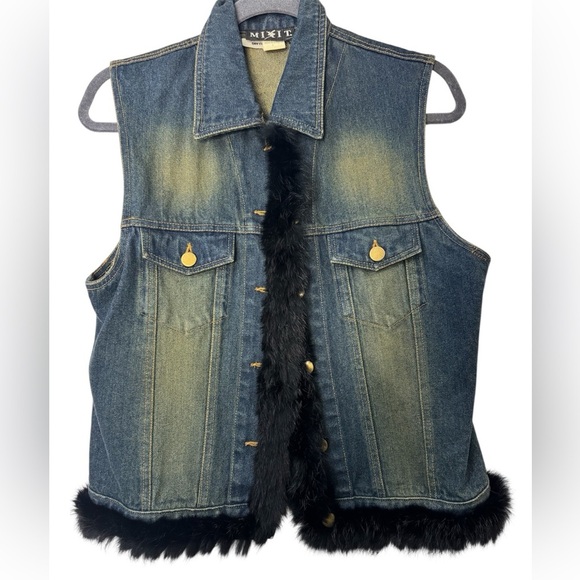 MIXIT Vintage Y2K Blue Denim Vest w/ Real Black Rabbit Fur Trim Sz Large - Picture 1 of 5